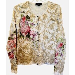 JOSEPHINE PS SILK COTTON Knit Floral Rose Buttons Cardigan Sweater Top Petite S
